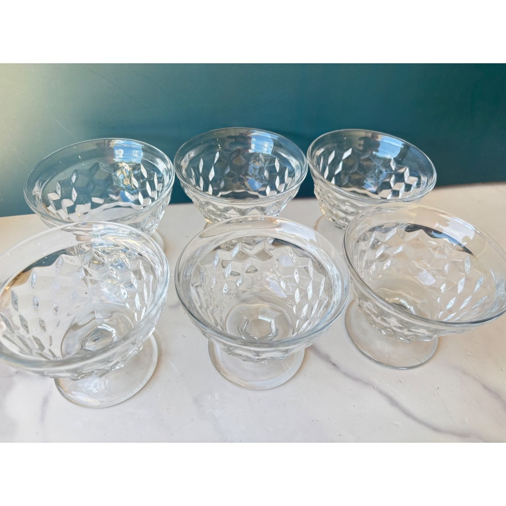 Vintage Fostoria Cubist Clear Pressed Glass Footed Dessert Sherbert Bowls 6 Pc